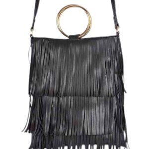 Fringe Tiered /Tassel/ Gold Hoop / Bohemian Crossbody/ Retro 70s - Black - NWT